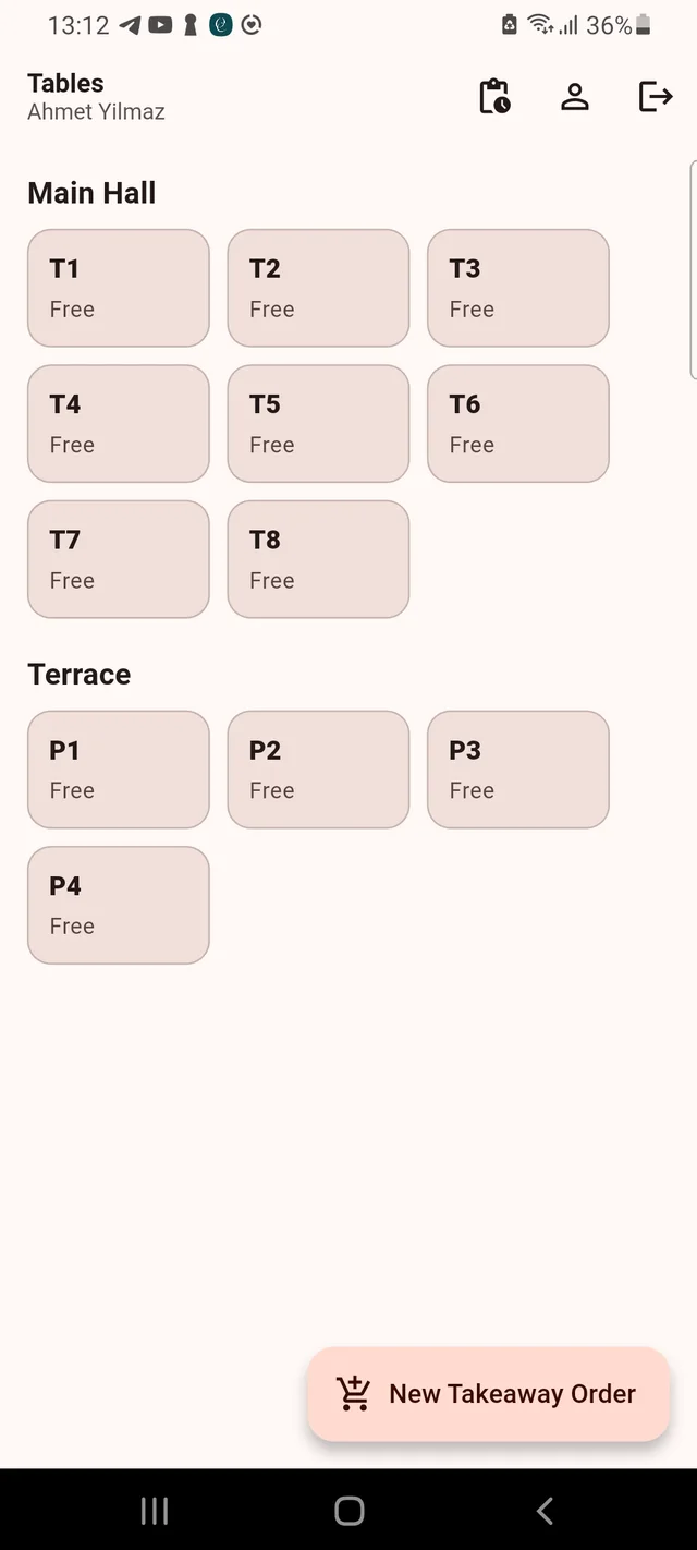 Staff app table map showing which tables are free
